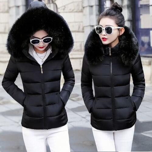 Women Cotton Padded Jackets Autumn Big Fur Collar Thick Fashion Basic Snow Outerwear Winter Black Jacket Female Coat Plus Size