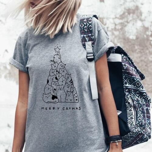Merry Catmas T-Shirt Women Graphic T Shirt Merry Christmas Short Sleeve Tops Kitty Christmas Trees Cotton Outer Wear Tees