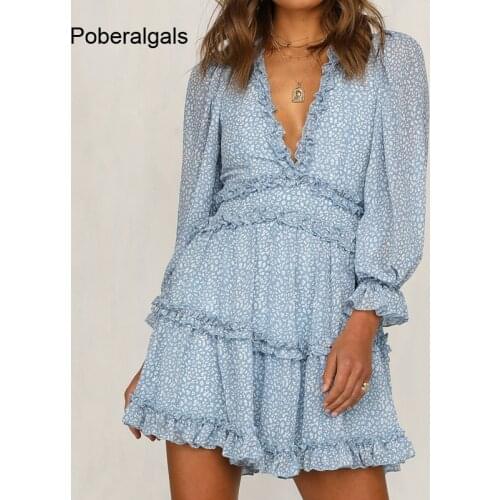 Summer Elegant Ruffles Print Mini Dress Women Sexy Halter V-neck long-sleeved waist Puff sleeve Dresses 2019 women Sundresses