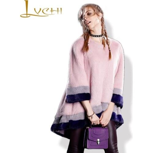 LVCHI Plus Size Ruffles Fashion Women Fur Coat Pink Three Quarter Sleeve Hem Draped Mink Coat Autumn Winter Girl Mink Fur Coats