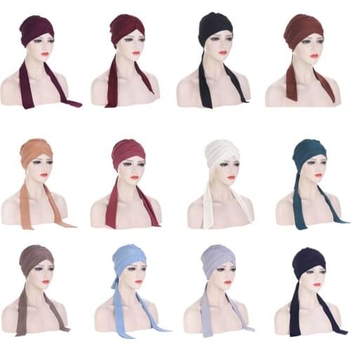 Muslim Women Stretch Solid Wrinkle Turban Hat Cancer Chemo Beanies Caps Pre-Tied Scarf Headwear Headwrap Plated Hair Accessories