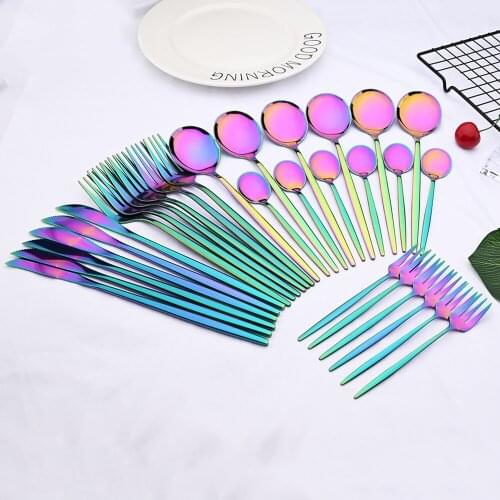 30Pcs/6Set Rainbow Mirror Set Stainless Steel Gold Knife Cake Fork Spoon Flatware Cutlery Set Kitchen Tableware Dinnerware Set