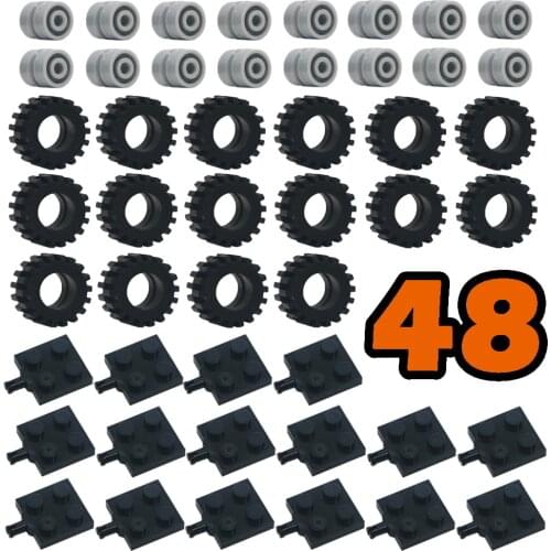 48pcs Wheel Axle Tyre Set City Creative Technical Parts MOC Bricks Building Blocks Car Truck Vehicle Accessories Toys Kids Gift