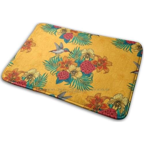 Hummingbirds And Tropical Bouquet In Yellow Mat Rug Carpet Anti - Slip Bedroom Entrance Door Mat Hummingbird Bird Botanical