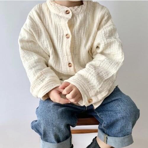 5399 Autumn 2020 Children Blouse Cotton Hemp Girls Shirt White Blouse Small Stand Collar Boys Shirts 1-9 Years Kids Tops Outfits