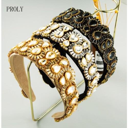 PROLY New Fashion Baroque Hairband Women Vintage Flower Rhinestone Headband Adult Wedding Party Headwear Hair Accessories