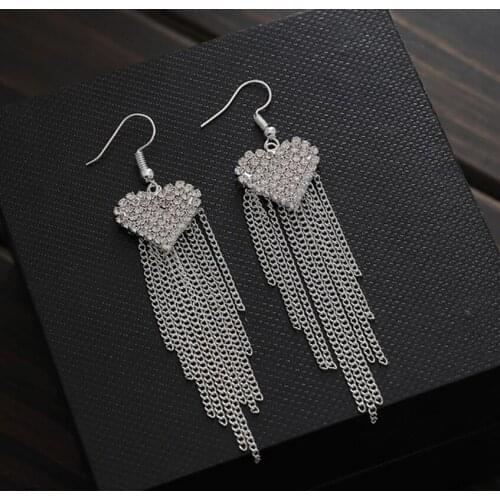 Luxury shining crystal heart earrings women trendy fringe long tassel dangle Earrings statement love drop earings party jewelry