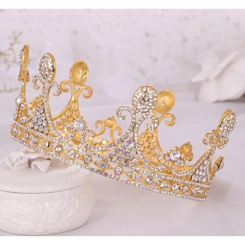 Trendy Golden Wedding Round Crown Tiara Crystal Rhinestone Bridal Hair Accessories Headdress Wedding Hair Jewelry Royal crown
