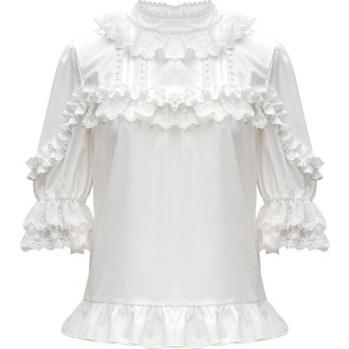 Summer White Solid Ruffles Lace Trim Half/Long Sleeve Loose Lolita Top Sweet Shirt Cute Blouses for Women