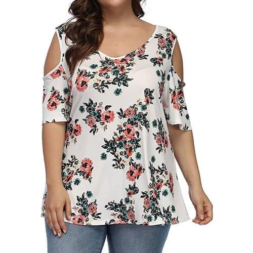 5XL Large Size Sexy Off Shoulder Ladies T shirt Summer Loose Female Cold Shoulder Tee Shirts Floral Print Plus Size Women Tops