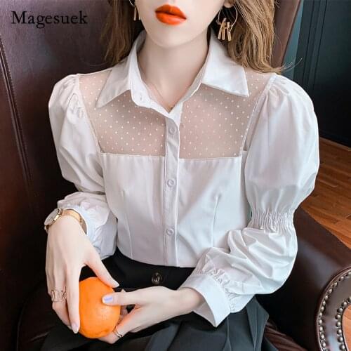 Sexy 2021 Autumn New Lace Gauze Turn Down Collar Black Blouse Korean Long Sleeve Shirt for Women Elegant Chic Female Blusa 15882
