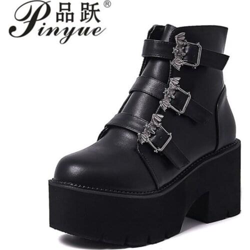 Womens boots platform wedge high heels winter women Punk motorcycle gothic shoes calf new boots