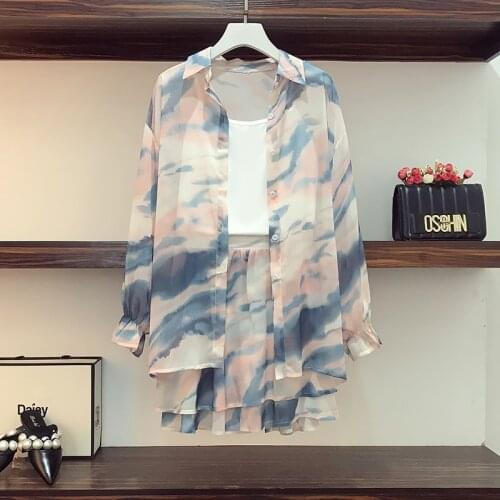 Plus size Women Summer korean 3 Pieces Set women ChiffonTop + Denim shorts set Female streetwear Set Women clothing 3 Piece Set