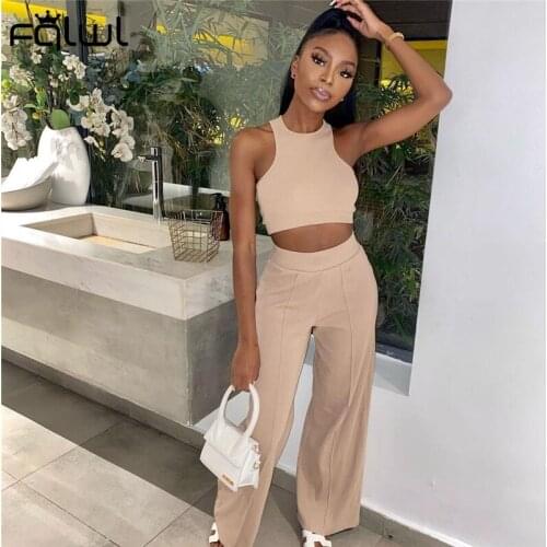 FQLWL Summer Streetwear 2 Two Piece Sets Women Outfits Sleeveless Crop Top Wide Leg Flare Pants Suits Blue Casual Matching Sets