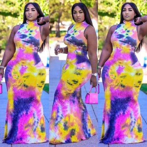Echoine Women Fashion Printed Tie-dye Sleeveless Hip Dress Floor-Length Street Wear Summer One Piece Dress Drop Shipping 2021
