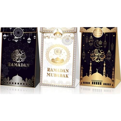 12pcs Eid Mubarak Paper Candy Bags Gift Box Ramadan Kareem Decoration Islamic Muslim Festival Happy Al-Fitr Eid Party Supplies