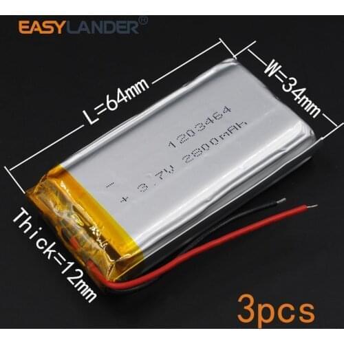 123464 3pcs/Lot 3.7V 2800mAh Rechargeable li Polymer Li-ion Battery For PDA powr Bank GPS navigation camera 1203464