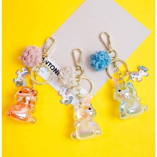 2021 Cartoon Unicorn Horse Fur Pompom Ball Laser Keychain Women Metal Buckle Key Chains Bag Pendent Accessories D506