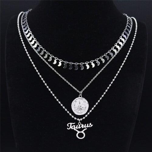 3pcs Stainless Steel Taurus Charm Necklace for Women Silver Color 12 Constellations Layer Necklace Jewelry colgante NXS04