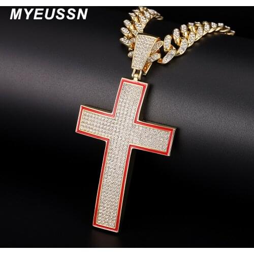 Hip Hop Cross Pendant Necklace Men Egyptian Jewellery Iced Out Large Cross Pendant Silver Color Charm Cuban Chain For Women Gift