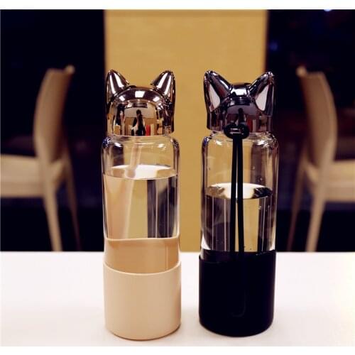 Kids Glass Water Bottle Children School Bottle 350ml Cute Cartoon Fox Ear Coffee Tea Milk Travel Bottles Drop Shipping