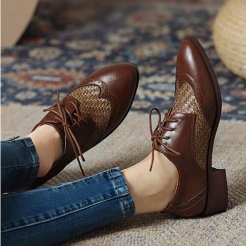 EAGSITY retro oxford shoes women square heel shoes brogue lace up pointed toe fashion office ladies derby shoes party