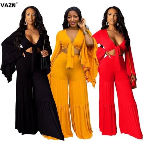 VAZN 2020 Hot Sale Dot Sexy Club Mature Fashion Yellow Full Sleeve Loose V-neck Group Long Pants Elastic Women 2 Piece Set