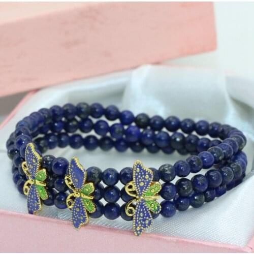 Exquisite cloisonne spacers natural stone blue lapis lazuli 4mm round beads 3 rows multilayer elastic bracelets jewelry B2777