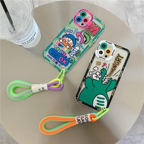 Korea Cute Graffiti label tide Cool Phone case for iphone 12 Pro Max MiNi 11 XR X XS 7 8 plus SE 2020 soft Cover With Hand Strap