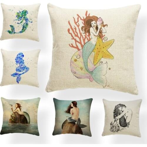 Beautiful Charming Mermaid Cushion Set Starfish Shell Reef Living Room Sofa Decorative Pillowcase Polyester Linen Custom Pillow