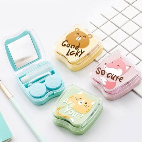 Cartoon Contact Lens Cases with Mirror Cute Contact Lens Box Square Women Girls Travel Contact Lenses Kit Container Case