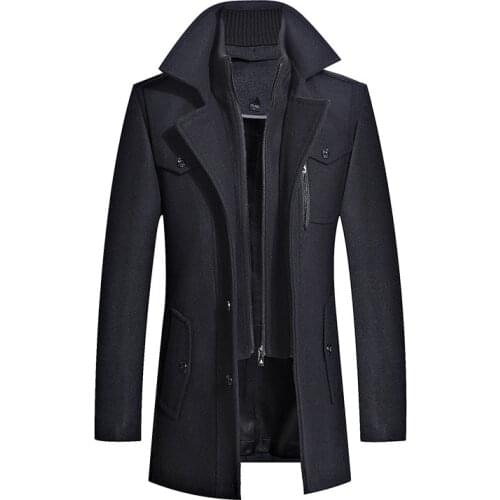 Autumn and winter woolen coat mens middle-aged woolen coat mens mid-length lapel solid color thick woolen coat