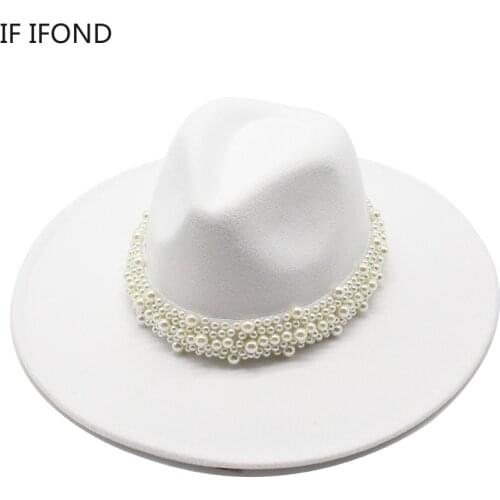 French Style Autumn Winter Big edge Wool Pearl Felt Fedora Hat Women Jazz Hat Party Church Hat