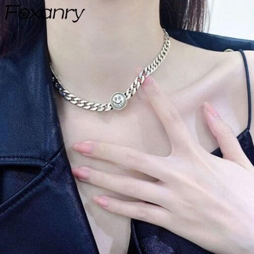 FOXANRY 925 Sterling Silver Thick Chain Necklace Fashion Hip Hop Vintage Couples Simple Smiley Face Design Party Jewelry Choker
