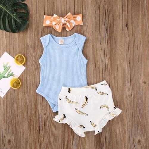 Pudcoco Newborn Baby Clothes Sleeveless Solid Color Knitted Cotton Romper Tops Print Short Pants Headband 3Pcs Outfits Set