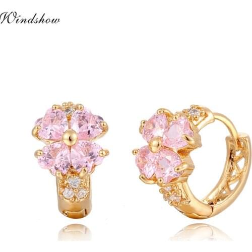 Yellow Gold Color Lucky Four Leaf Clover Heart Cut Pink CZ Circles Small Hoop Earrings For Girls Child Baby Kids Jewelry Aros