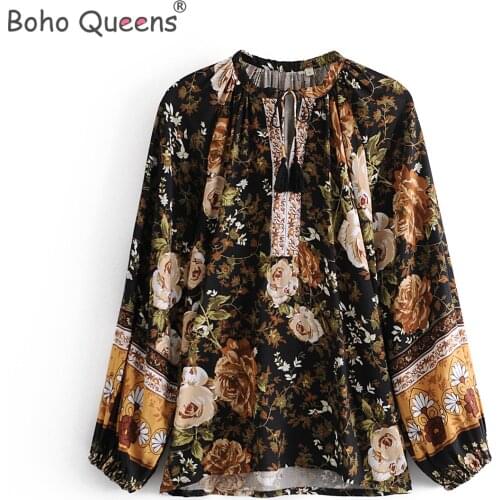 Boho Queens happie women floral printed tassel deep v-neck Boho blouse shirts batwing sleeve shirts female bohemian blusas