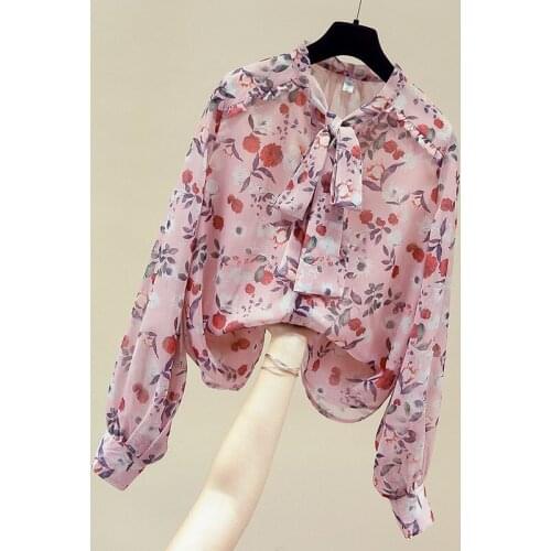 Long Sleeve Blouse Women Blusas Mujer De Moda 2021 Bow V-Neck Print Chiffon Blouse Shirt Tops Blusa Womens Tops And Blouses D778