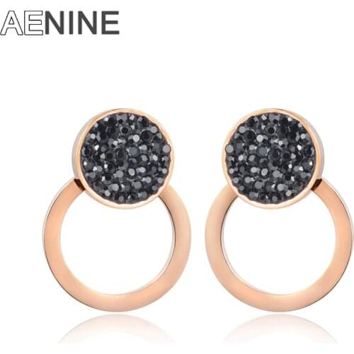 AENINE Black White Rhinestone Double Circle Earrings For Women Titanium Steel Bridal Sets Wedding Earrings Jewelry AE18015