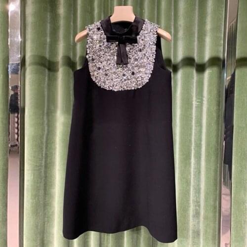 High-End Customization Women Black Sleeveless A-Line Dress Handmade Luxry Diamond Embroidered Flared Bow Elegant 2021 Summer