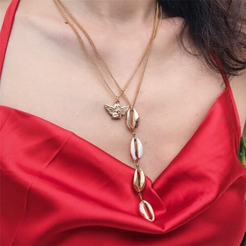 Women Fashion Angel Pendant Choker Necklace Faith Double Layer Tassel Shell Long Chain Necklaces Collier Jewelry