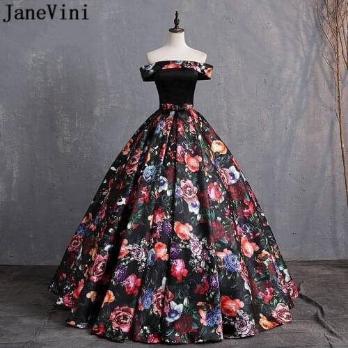 JaneVini Off Shoulder Black Quinceanera Dresses Colorful Rose Printed Ladies Formal Prom Dress Ball Gown Floral Satin Party Gown
