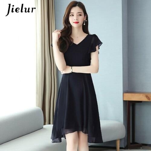Jielur Solid Color Chiffon Women Dress V-neck High Waist Ruffles Elegant Vestidos Chic Short Sleeve Summer Dress Slim Dresses