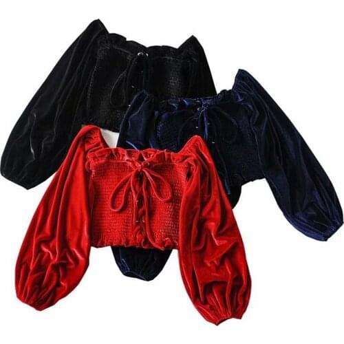 Women puff sleeve blouse autumn female blouses vintage cropped blouse sexy ruched top lace up velour shirt streetwear