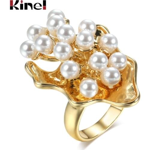 Kinel Hot Lucky Leaves Big Ring For Women Fashion Gold Color Cocktail Geometric Finger Pearl Ring Party Vintage Jewelry