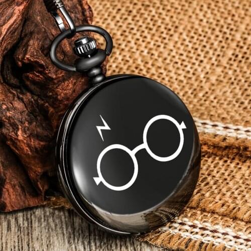 Black Harajuku Harry Lightning Glasses Printing Quartz Pocket Watch Necklace Flash Glasses Graphic Pendant Chain Antique HP Gift
