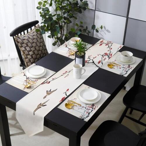 Plum Blossom Branches Ink Style Table Runner Holiday Kitchen Dining Table Runners Place Mats Set for Home Party Decor