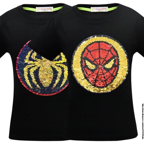 Disney Kids Summer Tshirts Boy Sequin double sided pattern Preston Style Girls Children SpiderMan Logo Print Tops