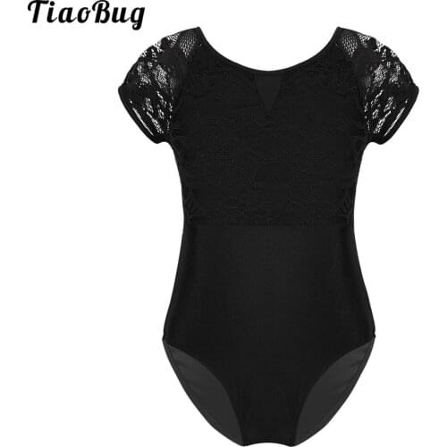 TiaoBug Kids Girls Short Sleeves Floral Lace Bowtie Shaped Back Ballet Dance Gymnastics Leotard Jumpsuit Bodysuit