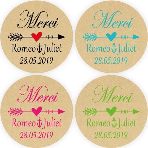 DouxArt 100 Pieces Stickers Personalized Merci, 4CM Arrow Heart Kraft Wedding Marriage Communion Baptism Handmade Gift Labels